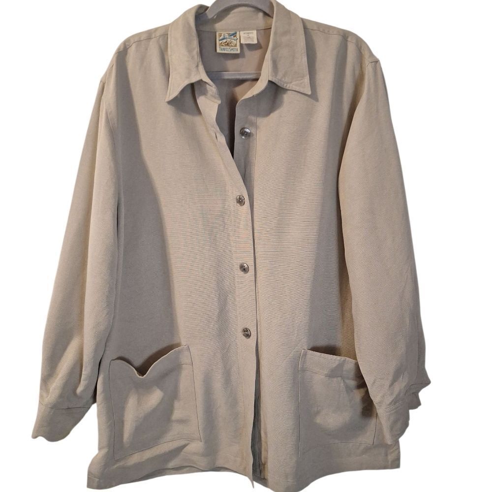 TravelSmith womens 100% silk shirt jacket blazer shaket khaki tan size XL